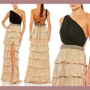 Mac Duggal Black and Gold One-Shoulder Tiered Ruffle Gown